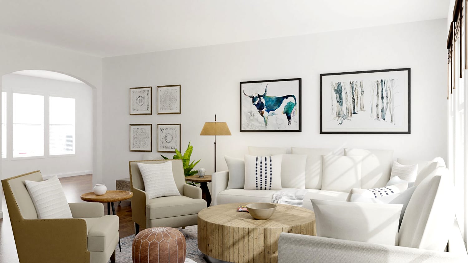 Neutral Palette + Blue Accents: Modern Farmhouse Living Room Design By Spacejoy