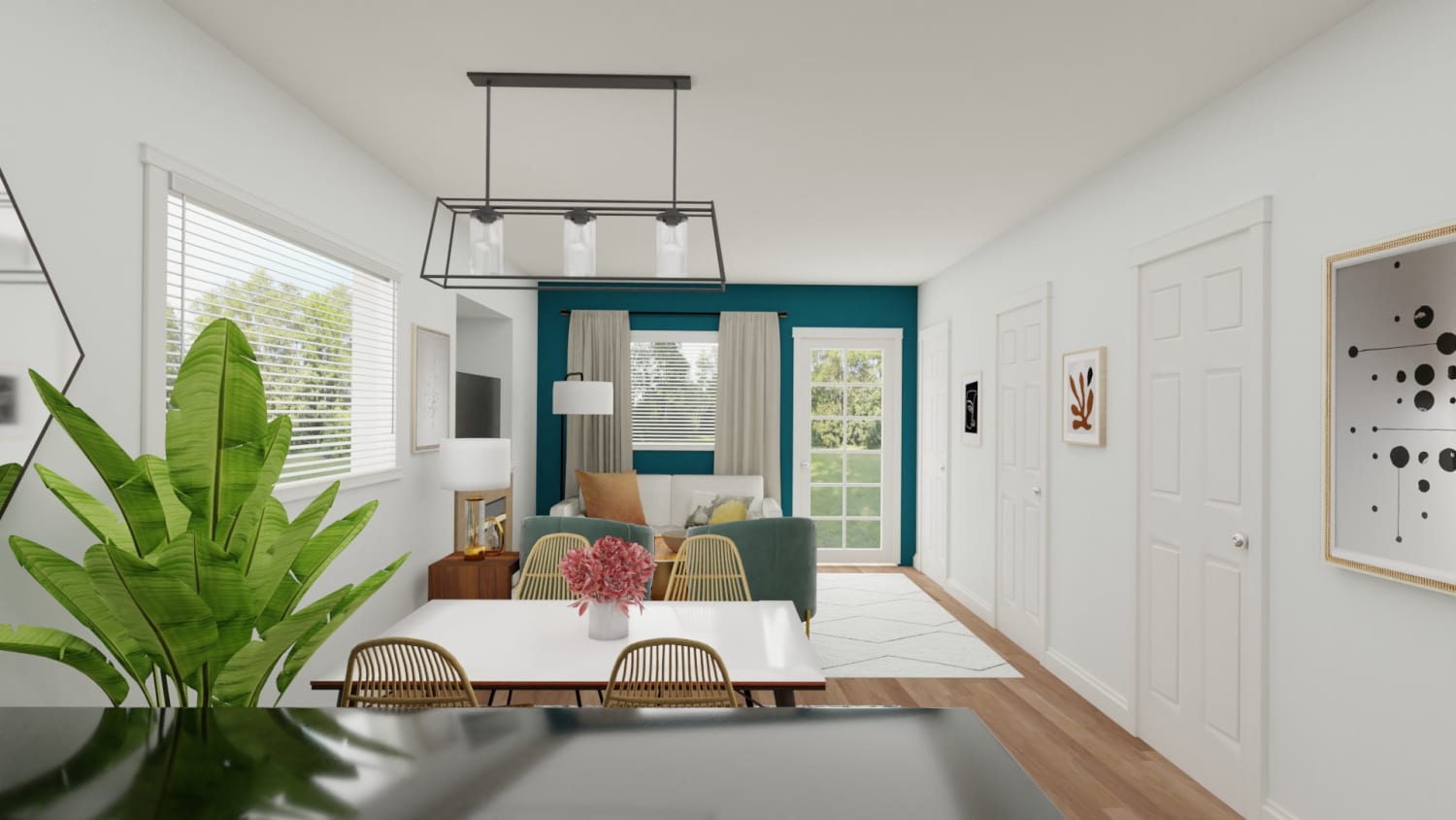 Peacock Blue Accent: Eclectic Glam Open Living and Dining Room Design By Spacejoy