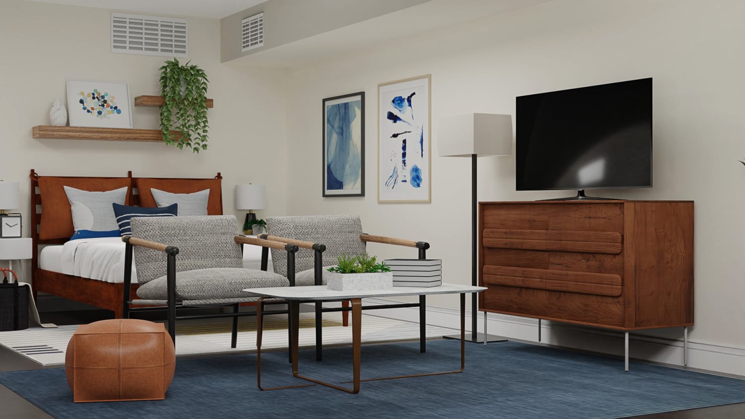 Navy Blue Masculine: Mid-Century Retro Studio Design By Spacejoy