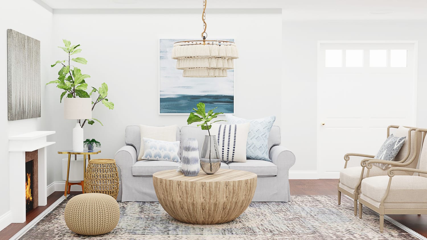 Light Fabrics and Spring Textiles: Transitional Coastal Living Room Design By Spacejoy