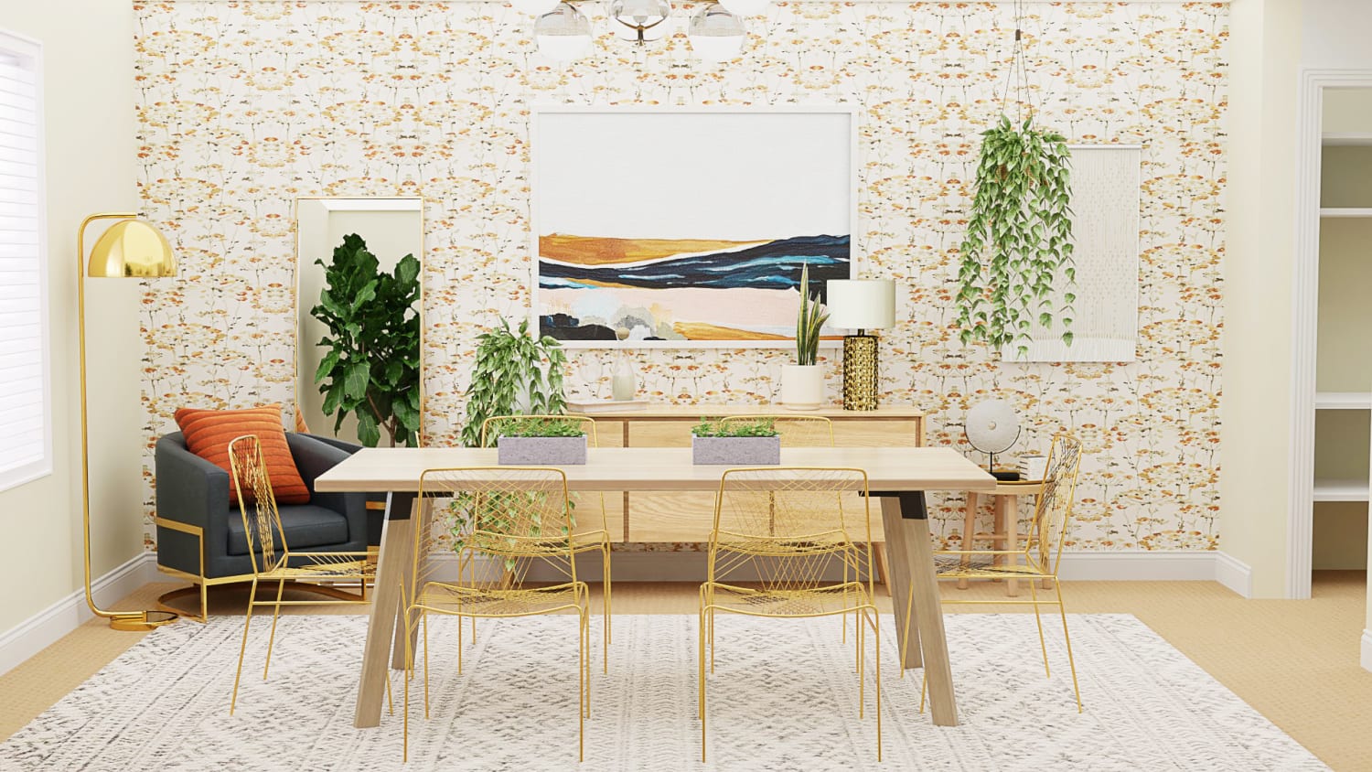 Blonder Woods + Gorgeous Plants: Mid-Century Glam Dining Room Design By Spacejoy