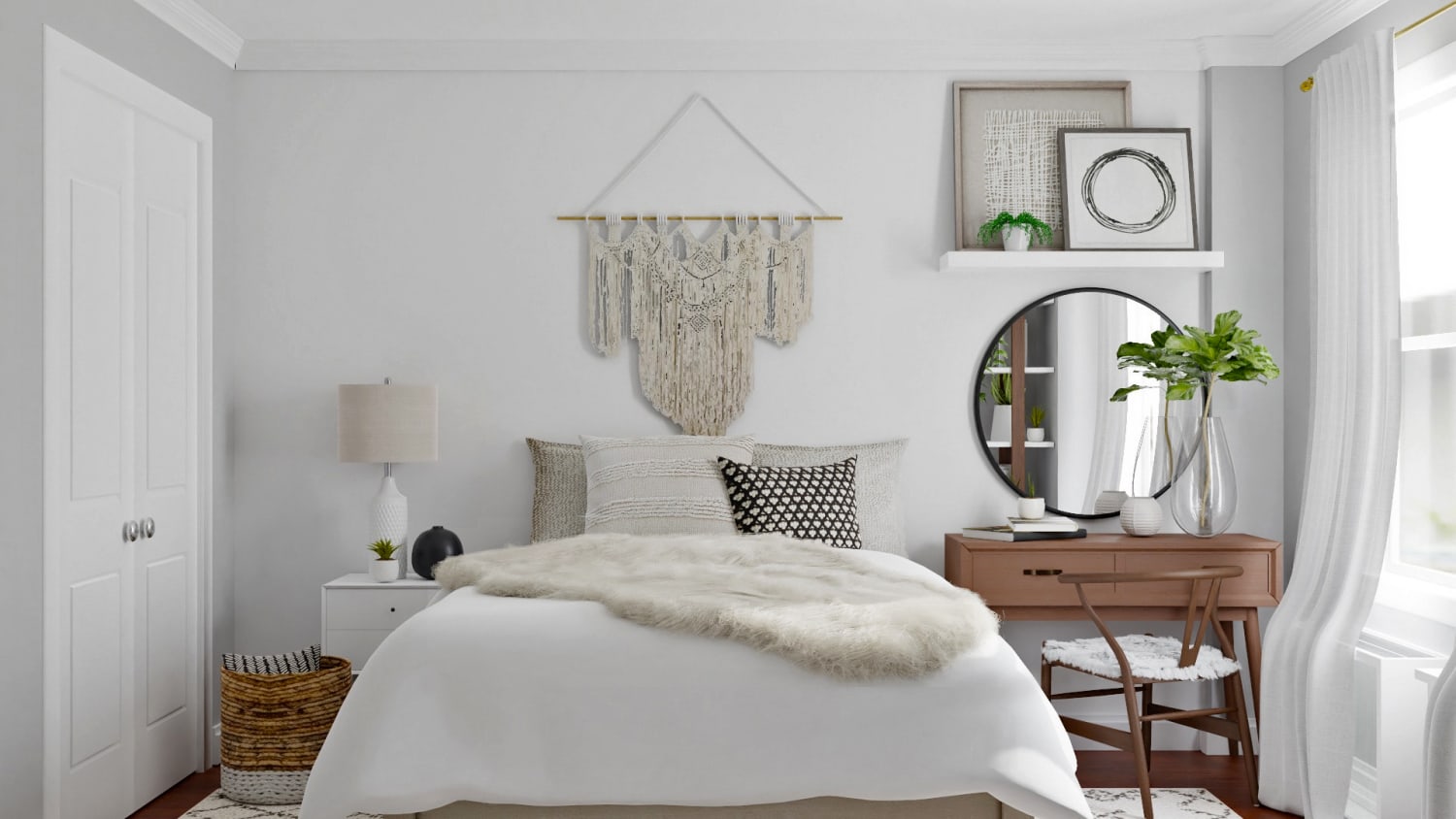 Monochromatic Color Palette: Boho Eclectic Bedroom Design By Spacejoy