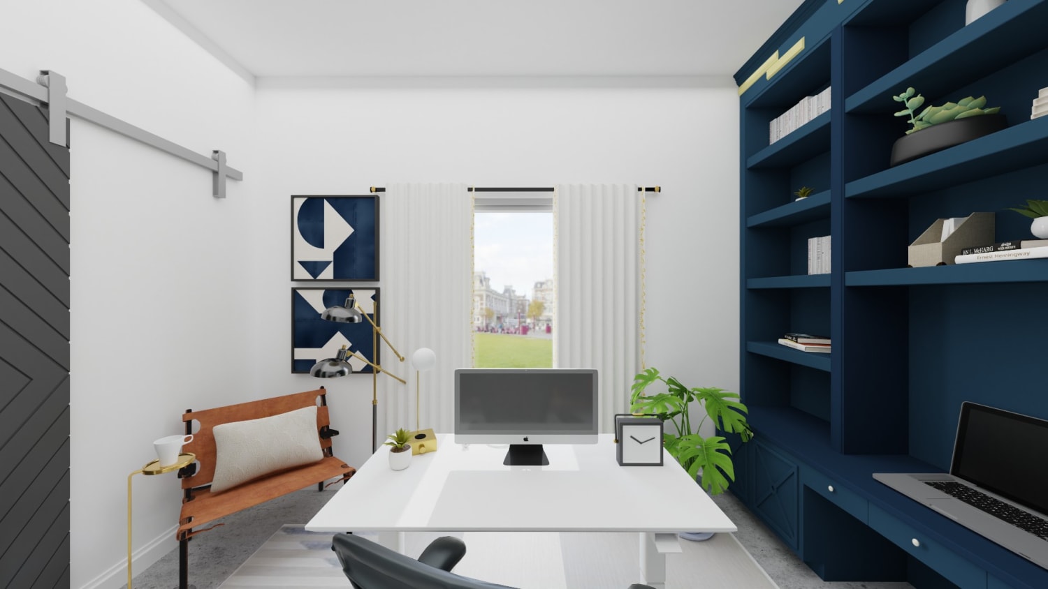 Peacock Blue Shelving: Urban Modern Office Design By Spacejoy