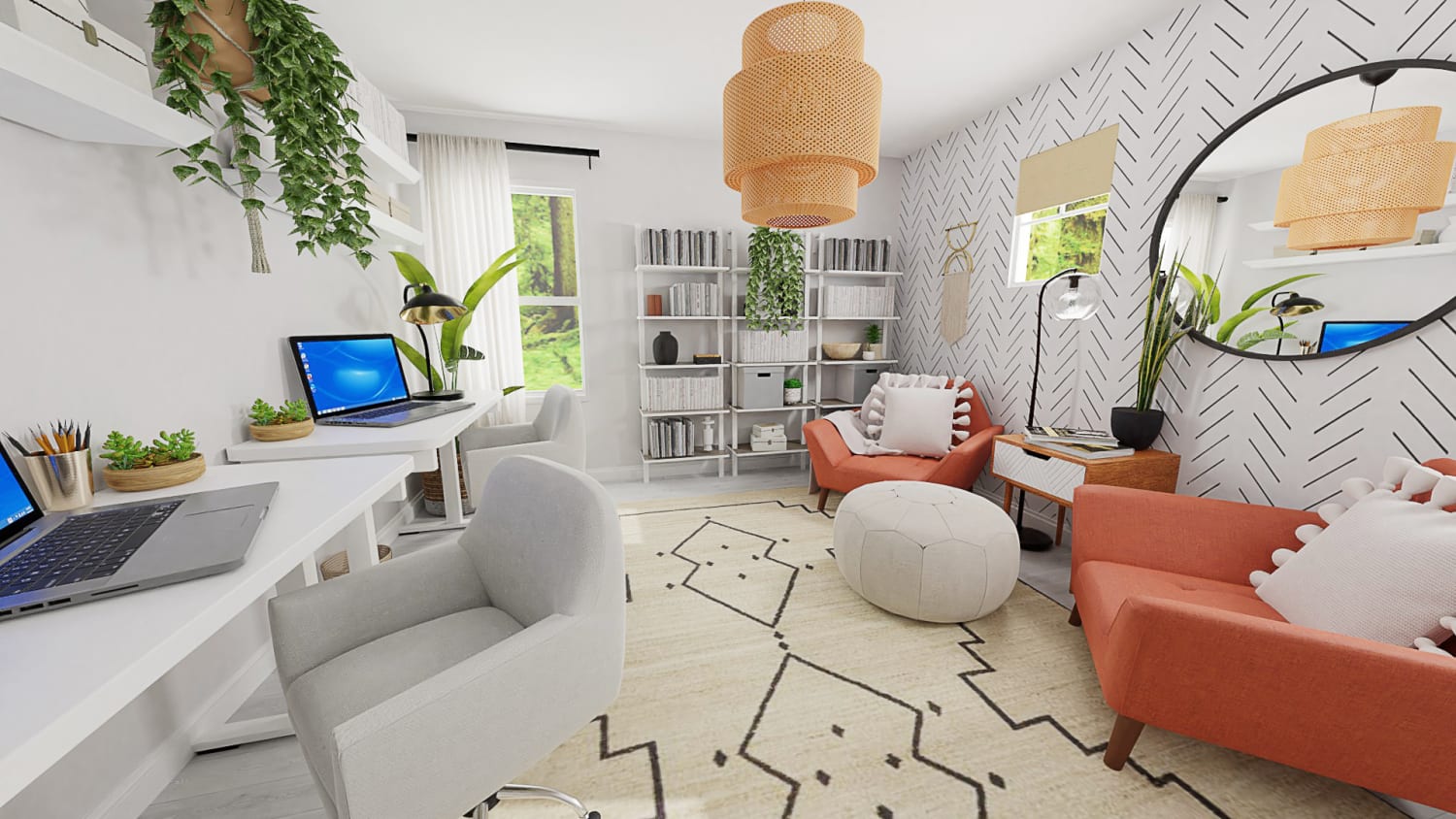 Dual Work Stations: Boho Eclectic Home Office Design By Spacejoy