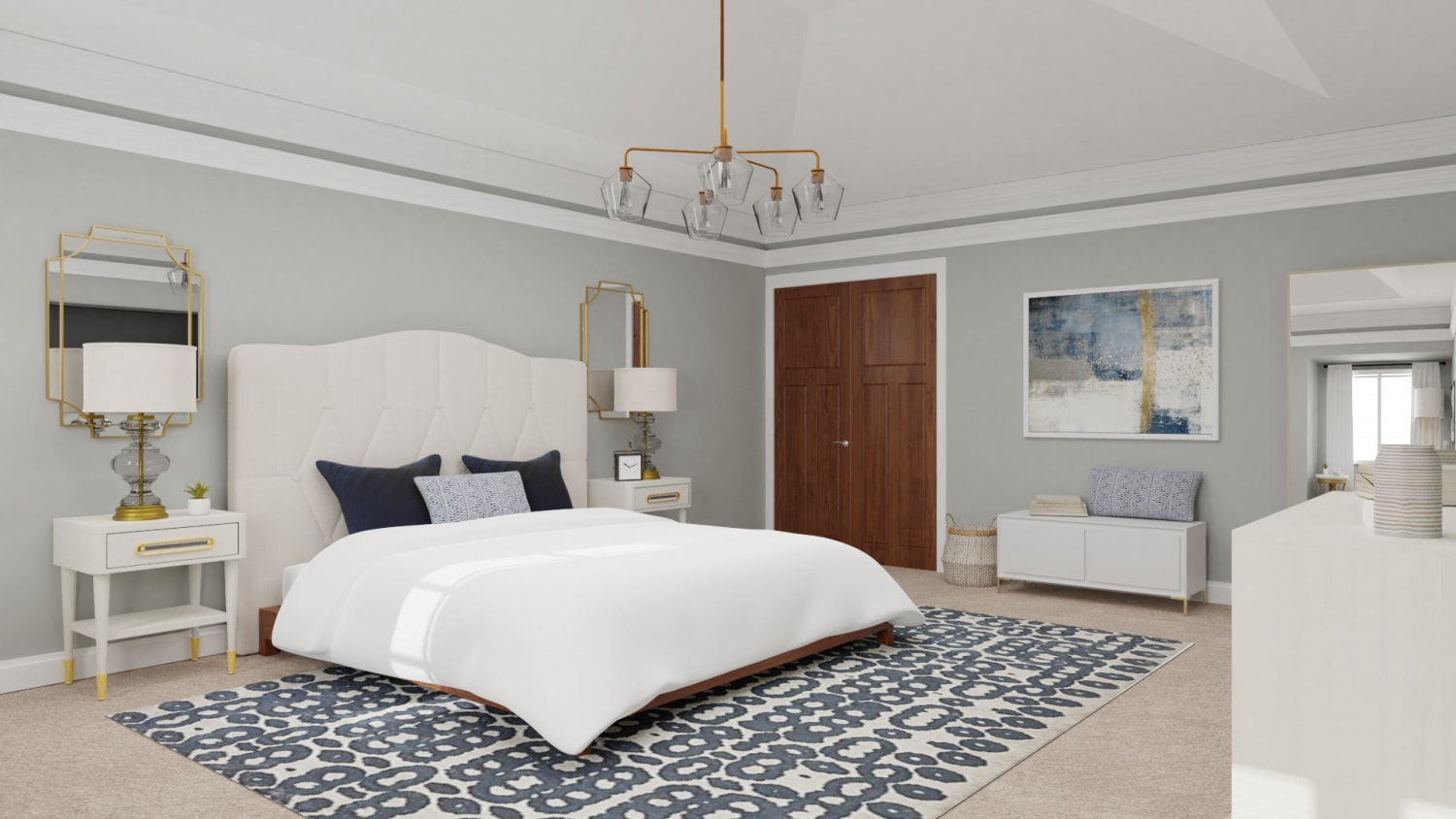 Statement Headboard: Glam Transitional Bedroom Design By Spacejoy