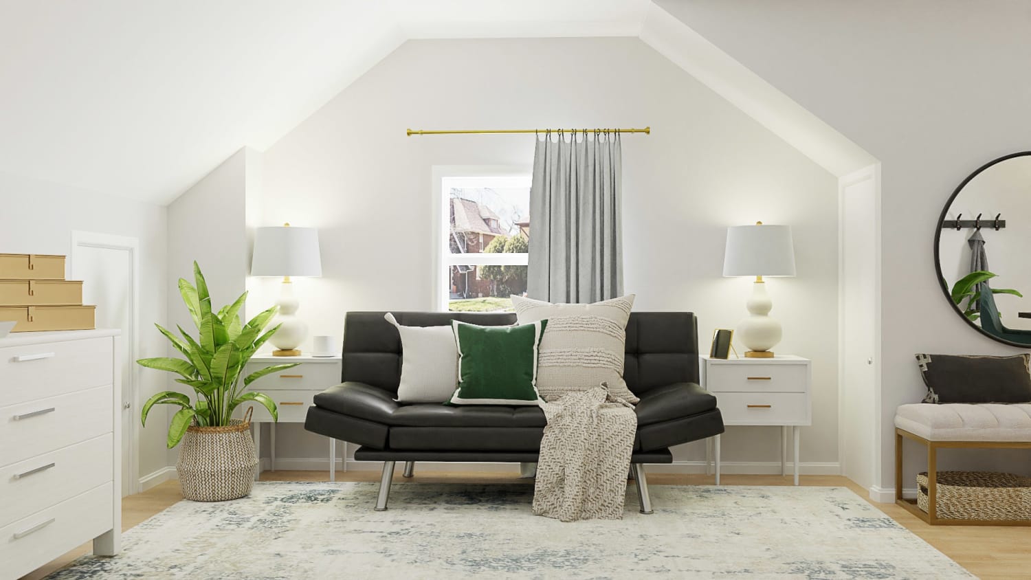 Guest Attic + Podcast Room: Glam Transitional Guest Room Design By Spacejoy