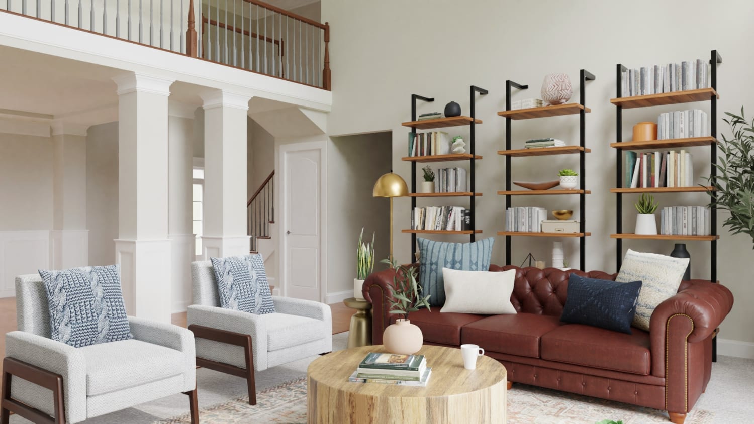 Statement Bookshelves: Rustic Transitional Living Room Design By Spacejoy