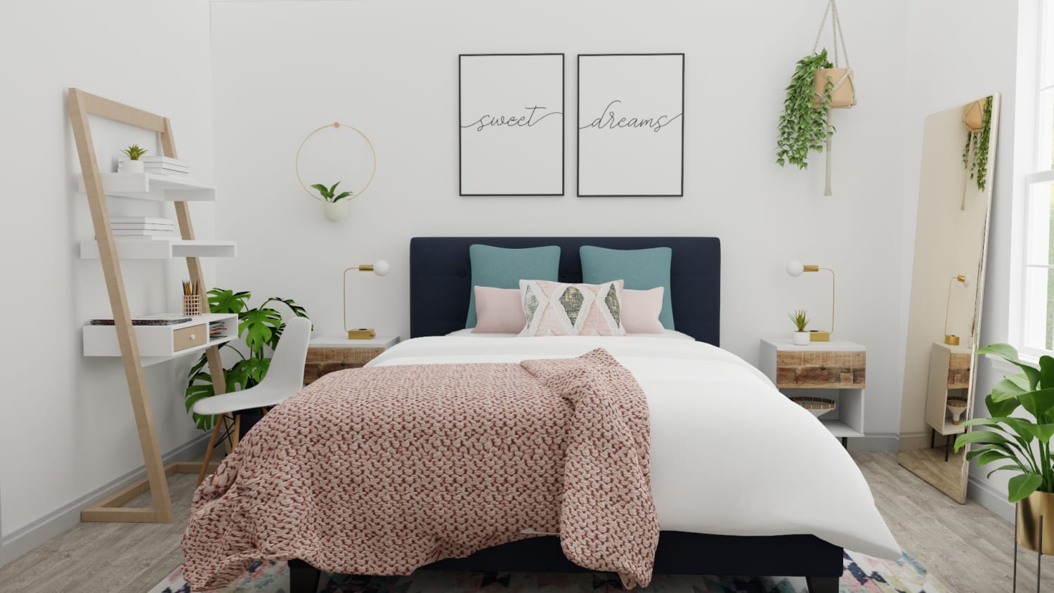 Blush and Teal: Modern Boho Bedroom Design By Spacejoy