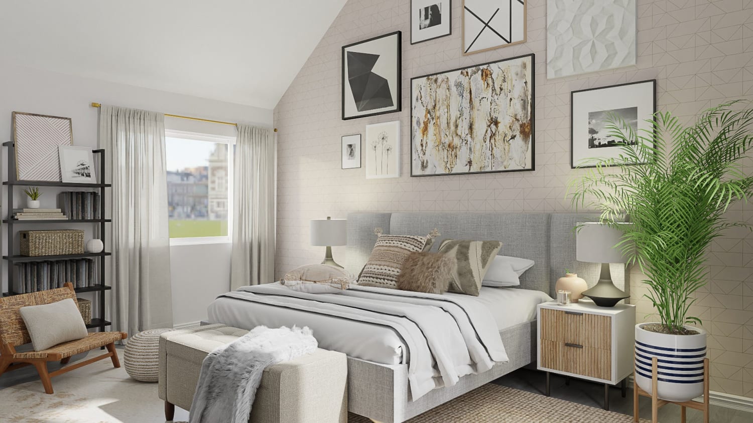 Eclectic Gallery Wall: Urban Boho Bedroom Design By Spacejoy