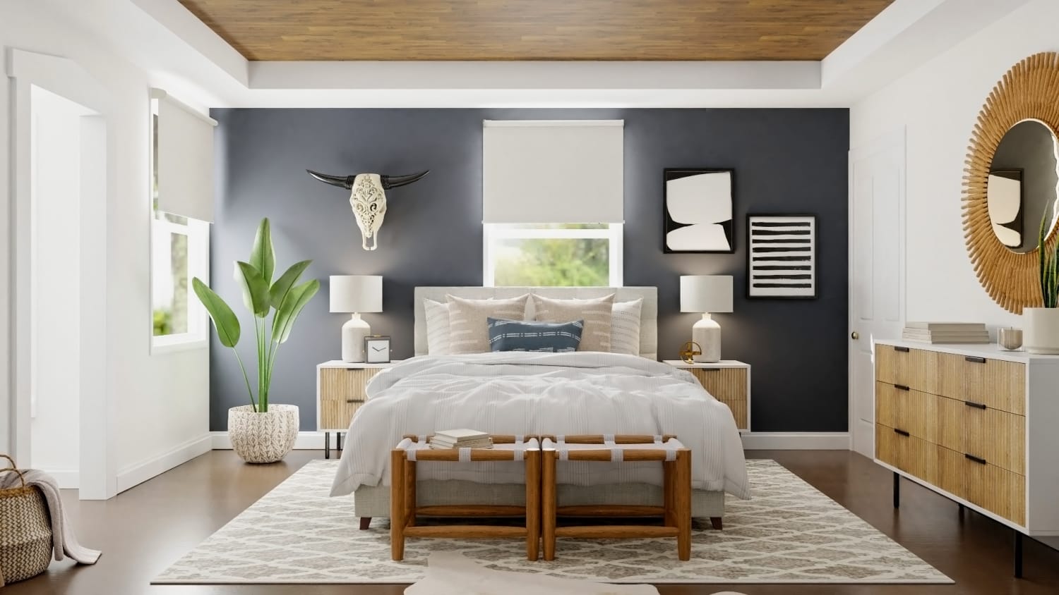 Warm Woods: Mid Century Boho Bedroom Design By Spacejoy