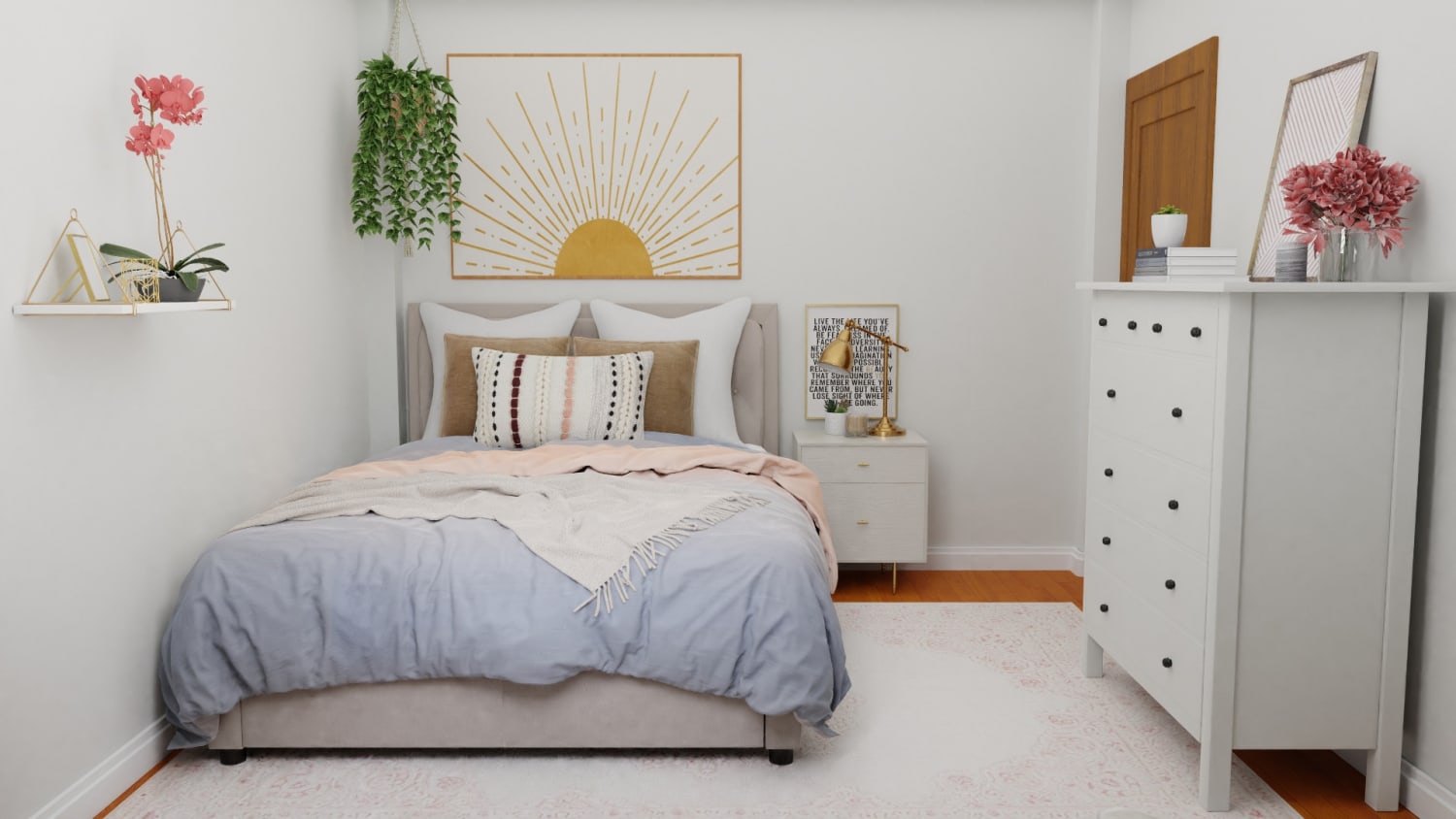 A Small Mid-Century Contemporary Bedroom Maximized with Style Design By Spacejoy