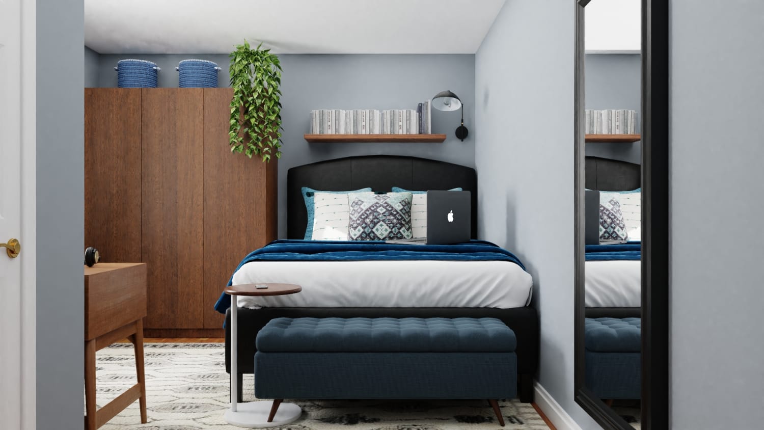 A Tiny Mid-Century Bedroom Maximized for Functionality Design By Spacejoy