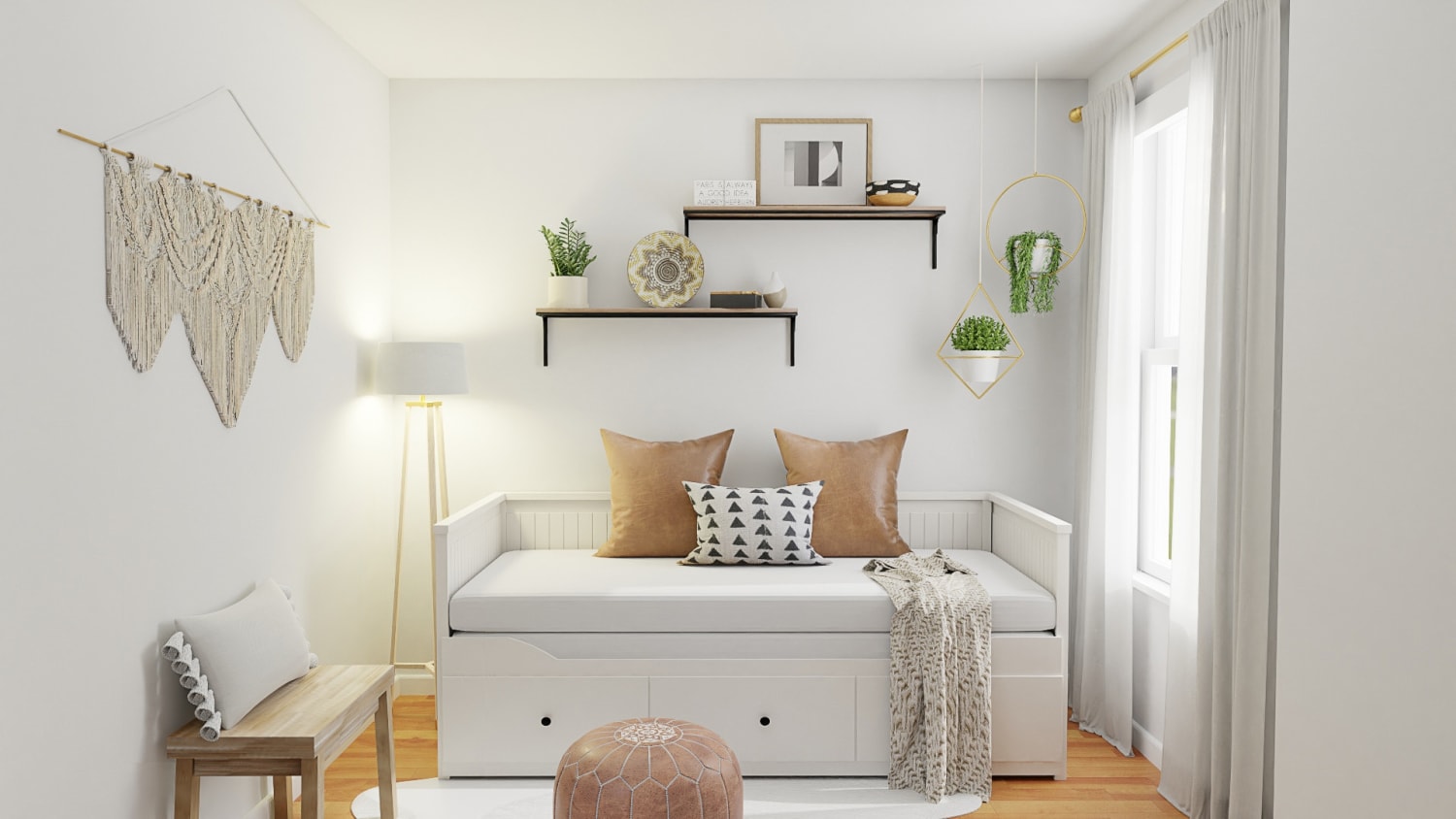 Neutral Rustic Boho Bedroom with Transitional Design Design By Spacejoy