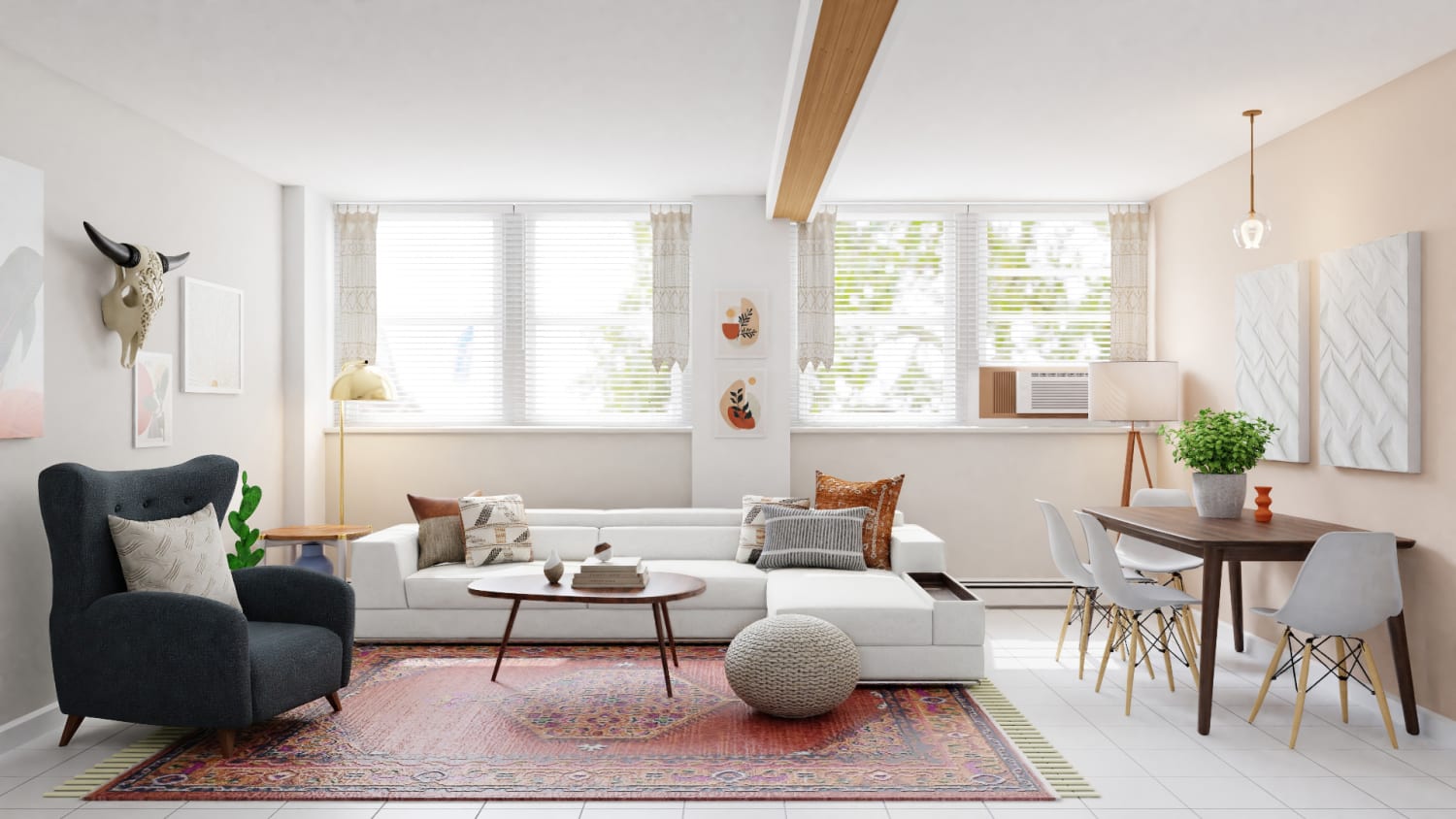An Open Mid-Century Eclectic Living Room with Rustic Flair Design By Spacejoy