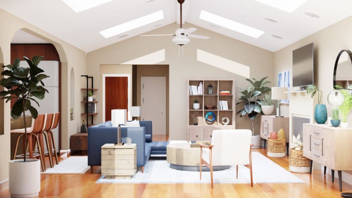 Blue Accent Sofa: Mid-Century Rustic Living Room Design View 3 By Spacejoy