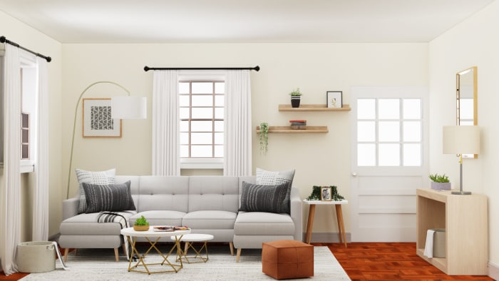 Playing with Neutrals: Mid- Century Urban Living Room Design View 2 By Spacejoy