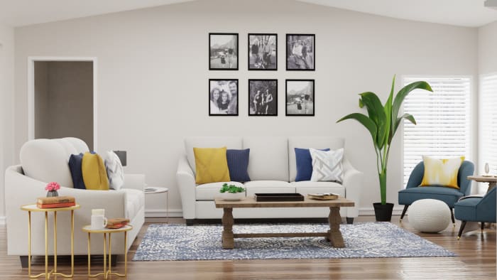 Blue + Yellow Accents: Modern Traditional Living Room Design View 3 By Spacejoy