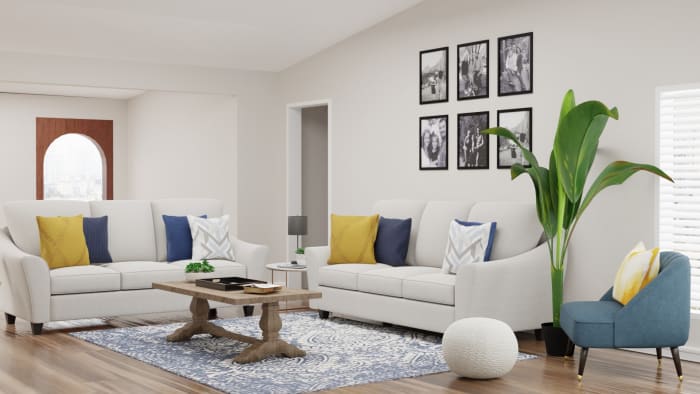 Blue + Yellow Accents: Modern Traditional Living Room Design View 2 By Spacejoy
