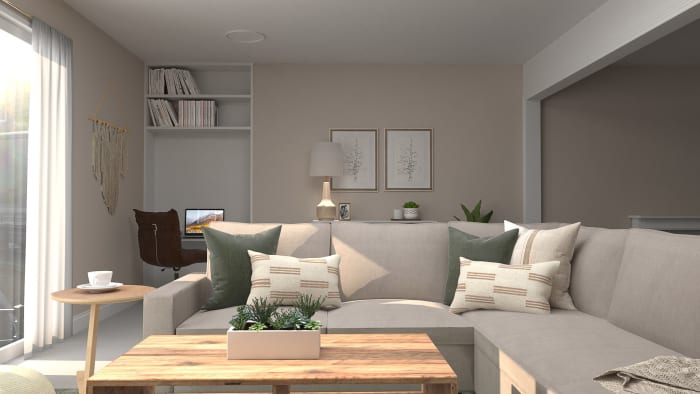 Green Accents: Mid-Century Minimalist Living Room Design View 2 By Spacejoy