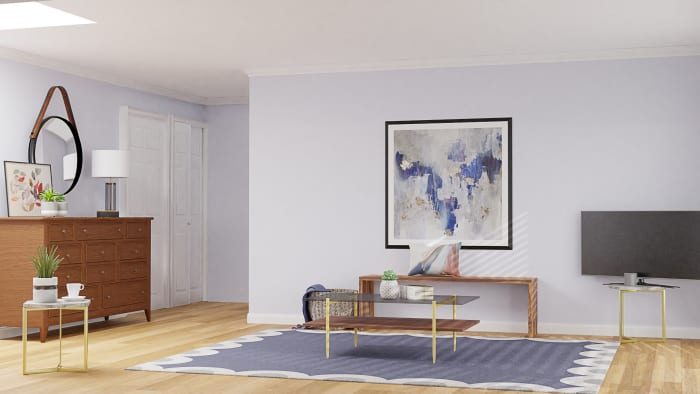 Modern Glam Living Room with Pink & Blue Accents Design View 3 By Spacejoy