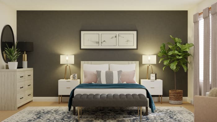 Gray, Whites and Clean Lines: Modern Transitional Bedroom Design View 4 By Spacejoy