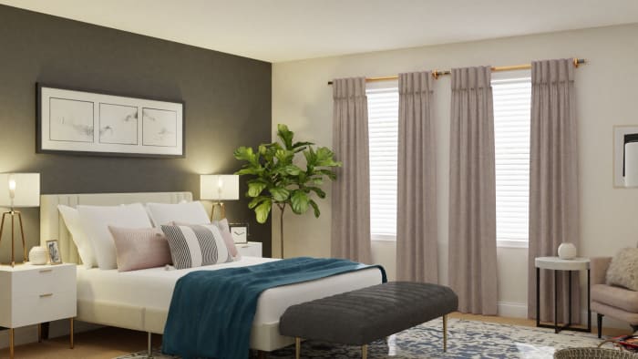 Gray, Whites and Clean Lines: Modern Transitional Bedroom Design View 3 By Spacejoy