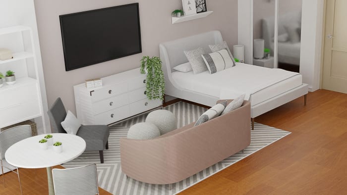 Functional Layout in a Tight Space: Modern Glam Studio Design View 2 By Spacejoy