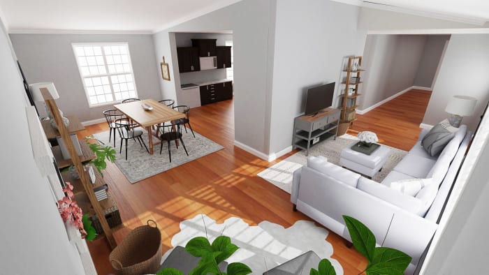 Open Space with Reading Nook: Modern Farmhouse Living Room Design View 3 By Spacejoy