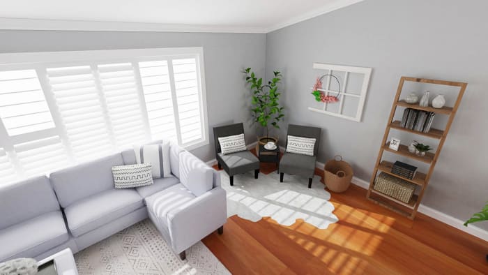 Open Space with Reading Nook: Modern Farmhouse Living Room Design View 4 By Spacejoy