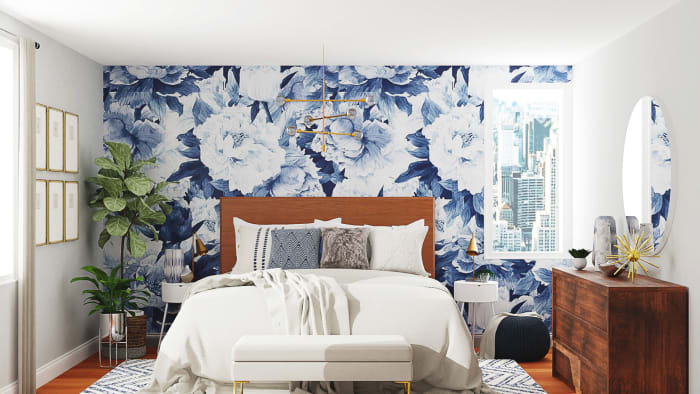 Statement Floral Wallpaper: Mid-Century Contemporary Bedroom Design View 2 By Spacejoy