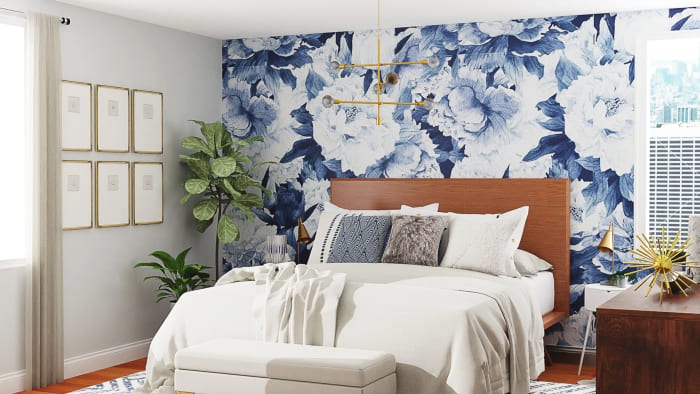 Statement Floral Wallpaper: Mid-Century Contemporary Bedroom Design View 3 By Spacejoy