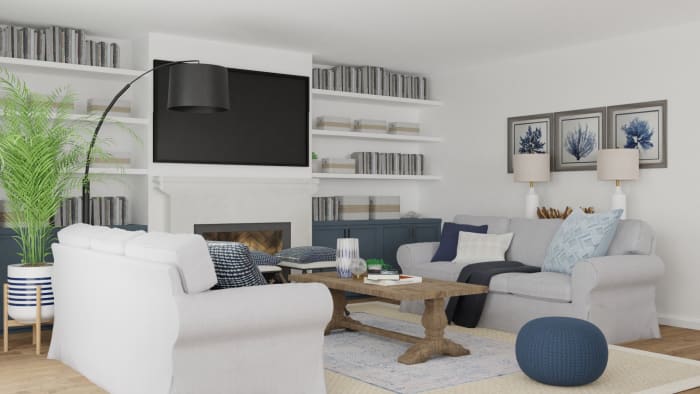 Conversational Layout: Transitional Coastal Living Room Design View 2 By Spacejoy