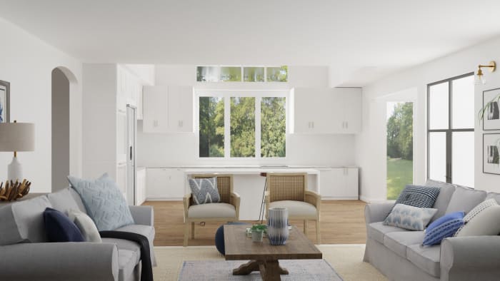 Conversational Layout: Transitional Coastal Living Room Design View 3 By Spacejoy