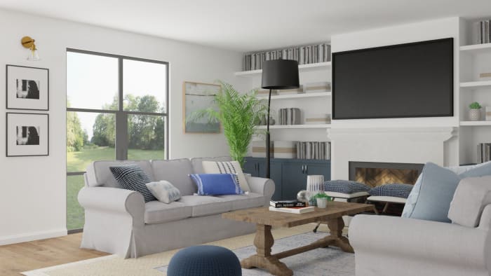 Conversational Layout: Transitional Coastal Living Room Design View 4 By Spacejoy