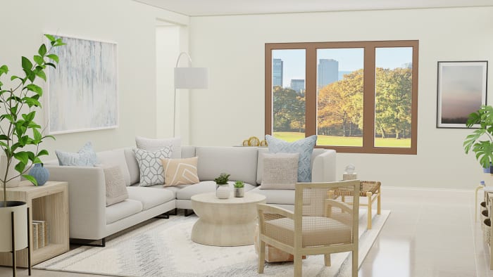Blonder Woods + Multi Functional Pieces: Transitional Coastal Living Room Design View 2 By Spacejoy