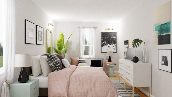 Rose and Mint: Mid-Century Glam Bedroom Design View 2 By Spacejoy