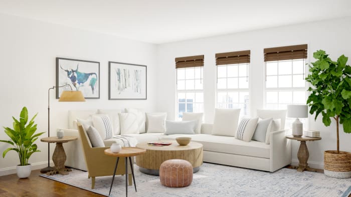 Neutral Palette + Blue Accents: Modern Farmhouse Living Room Design View 2 By Spacejoy