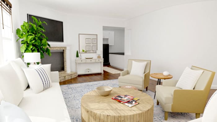 Neutral Palette + Blue Accents: Modern Farmhouse Living Room Design View 3 By Spacejoy