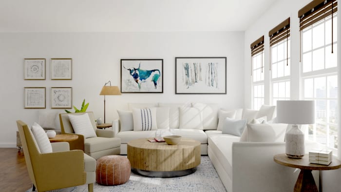 Neutral Palette + Blue Accents: Modern Farmhouse Living Room Design View 4 By Spacejoy