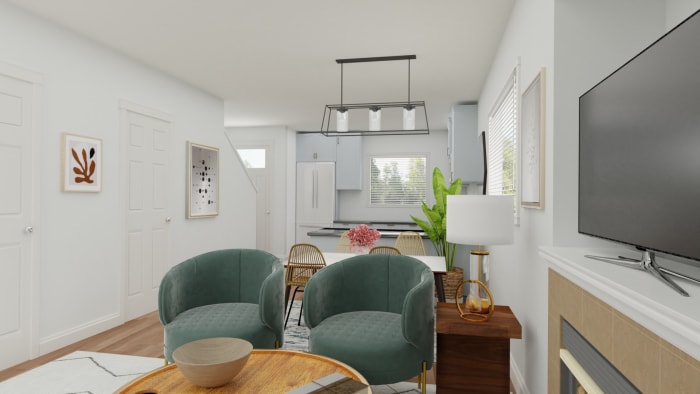 Peacock Blue Accent: Eclectic Glam Open Living and Dining Room Design View 2 By Spacejoy