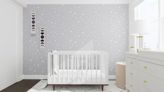 Bright and Starry: Mid-Century Minimalist Nursery Design View 3 By Spacejoy