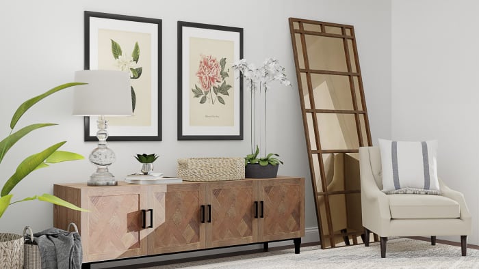 Statement Mirror + Storage: Glam Transitional Entry Design View 4 By Spacejoy
