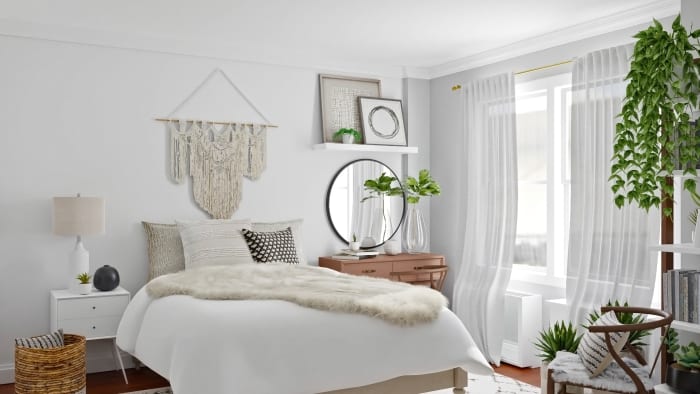 Monochromatic Color Palette: Boho Eclectic Bedroom Design View 2 By Spacejoy
