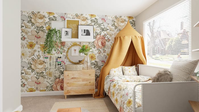 Matching Wallpaper and Bedding: Boho Eclectic Kid's Bedroom Design View 2 By Spacejoy