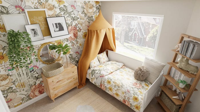 Matching Wallpaper and Bedding: Boho Eclectic Kid's Bedroom Design View 3 By Spacejoy