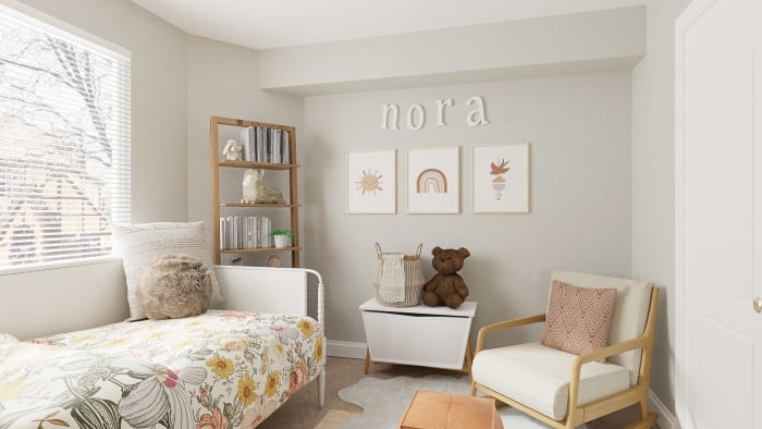 Matching Wallpaper and Bedding: Boho Eclectic Kid's Bedroom Design View 4 By Spacejoy