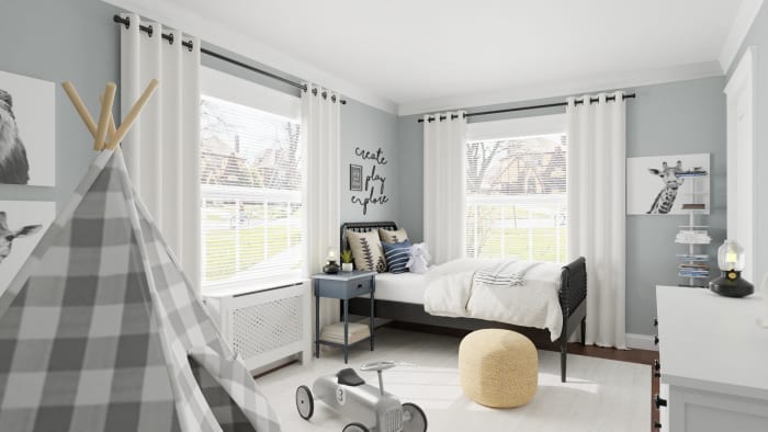 Calming Blues: Traditional Farmhouse Boy's Room Design View 3 By Spacejoy