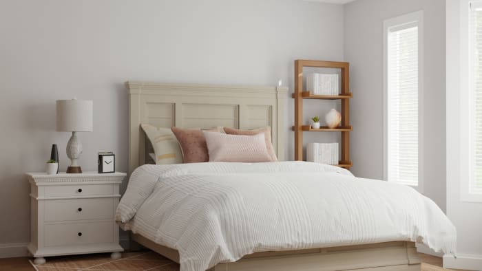 Blush Accents: Modern Farmhouse Bedroom Design View 2 By Spacejoy