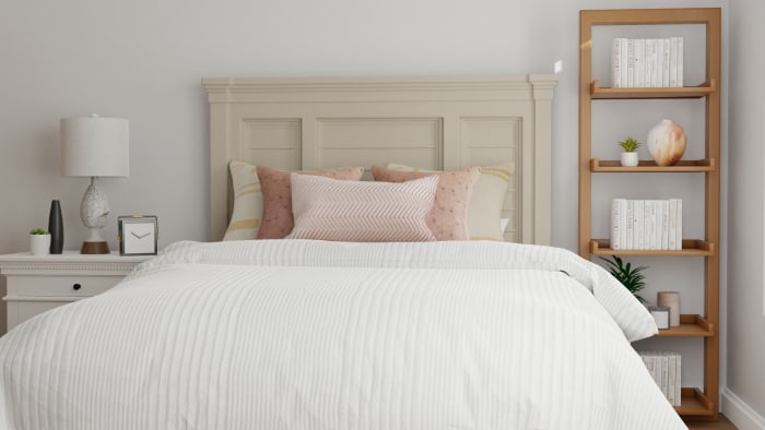 Blush Accents: Modern Farmhouse Bedroom Design View 4 By Spacejoy