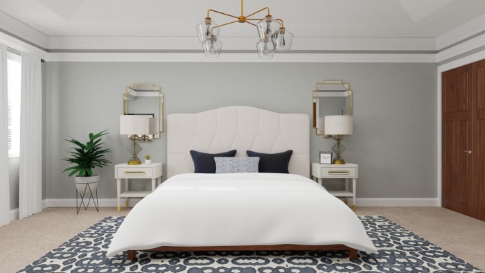 Statement Headboard: Glam Transitional Bedroom Design View 2 By Spacejoy